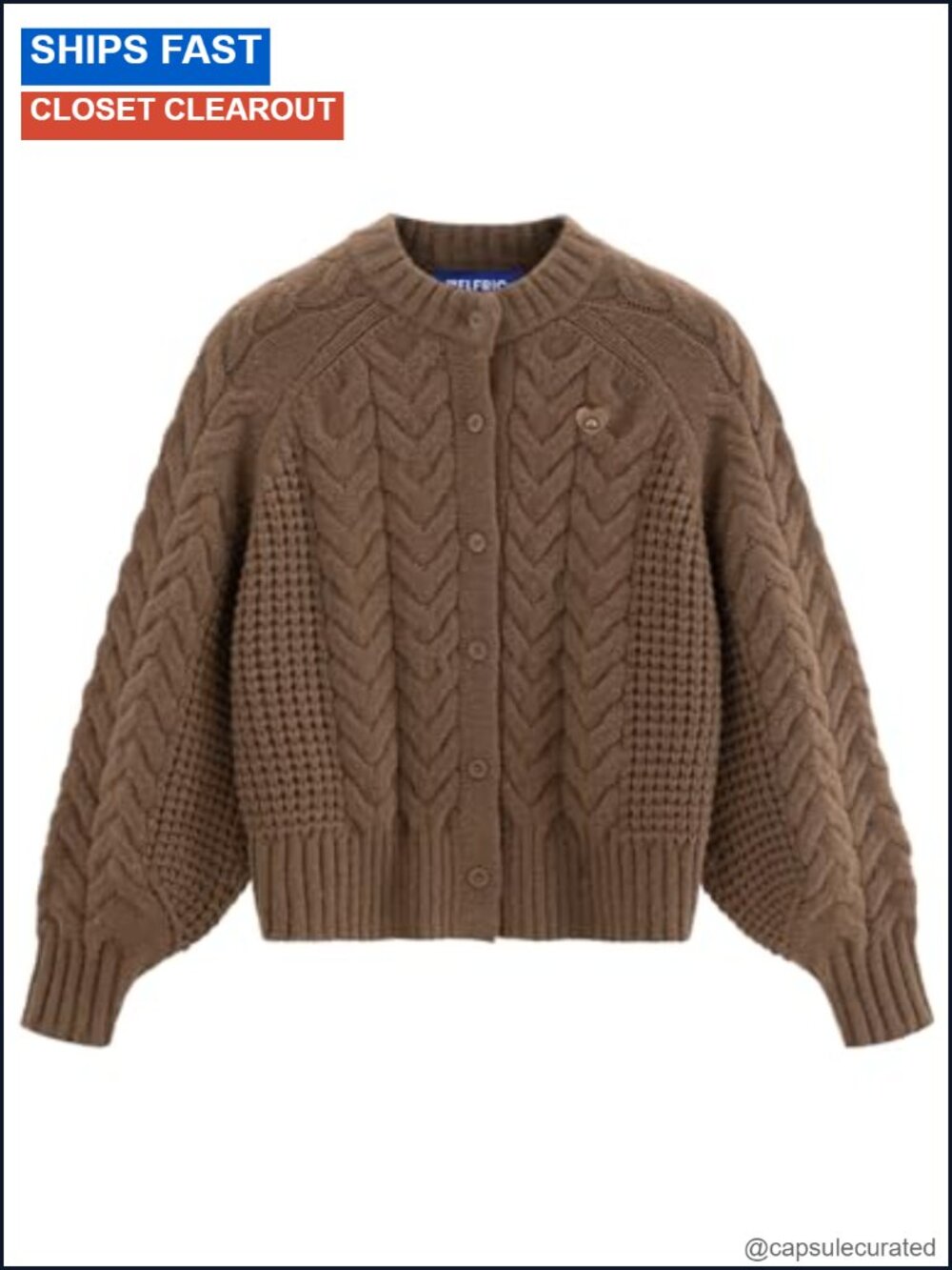 Chunky Cable Knit Open Front Cardigan Oversized Heart Embroidery Lantern Sleeve